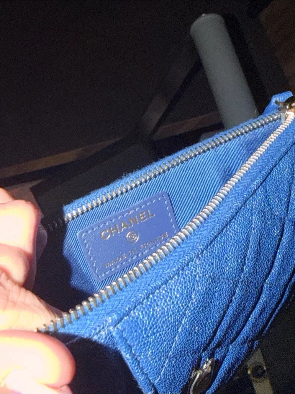 CHANEL Quilted Metallic Blue Zip Card Holder Wallet
